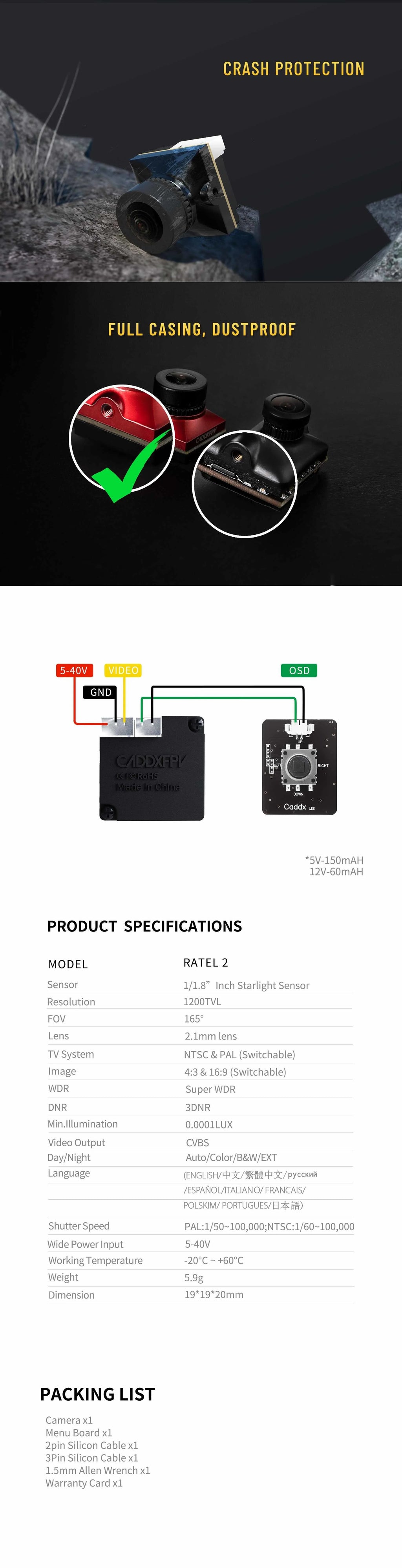 1/2/3PCS Caddx Ratel 2 V2 / PRO FPV Camera Ratel2 2.1mm Lens 16:9/4:3 NTSC/PAL Switchable Micro FPV Camera Drone Quadcopter